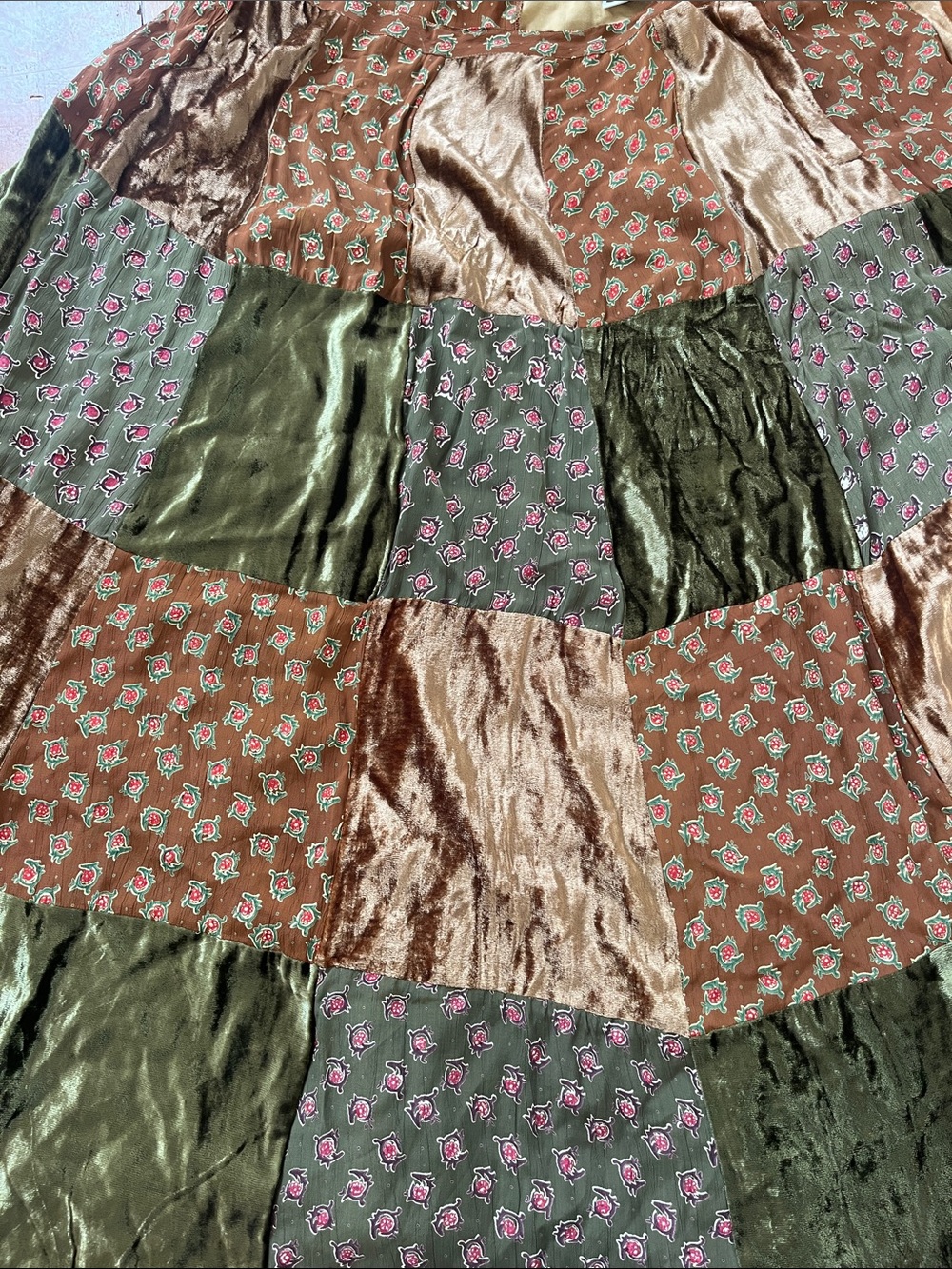 Vintage Phool Bohemian Patchwork Maxi Skirt Green and Brown 2XL - Picture 6 of 6